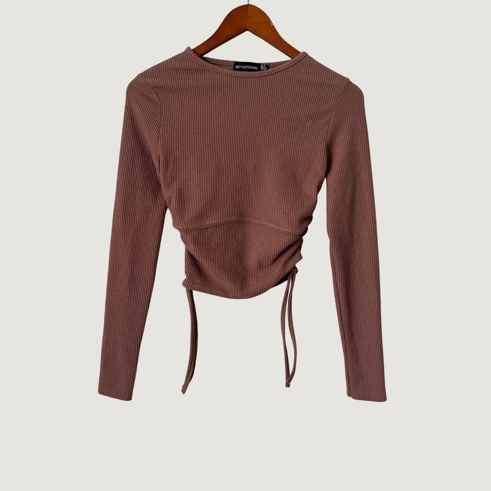 PrettyLittleThing Brown Ribbed Ruched Side Drawstring Long Sleeve CropTop Size 4